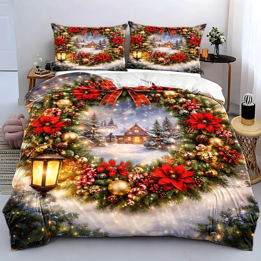 3pc Christmas Wreath Snow Scene Bedding Set, King Size Twin Comforter + Pillowcases, Hidden Zip Design