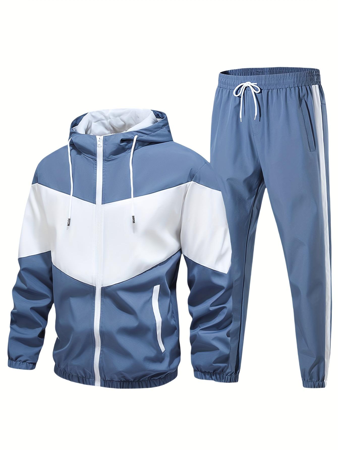 Men's casual two-piece set, stylish contrasting zipper hooded jacket, breathable solid color drawstring pants