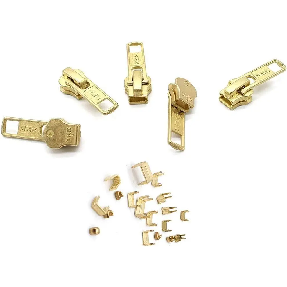 Zipper Repair Kit - #5 YKK Brass Auto Lock Sliders - 5 Sliders Per Pack with Top & Bottom Stoppers Included -  The