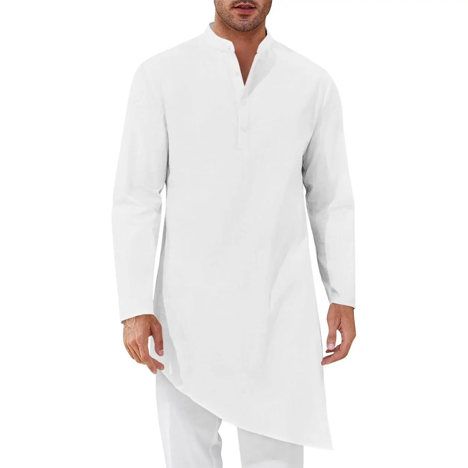 Runcati Mens Kaftan Robe Thobe Cotton Long Sleeve Henley Shirt Casual Muslim Gown Kurta Tops