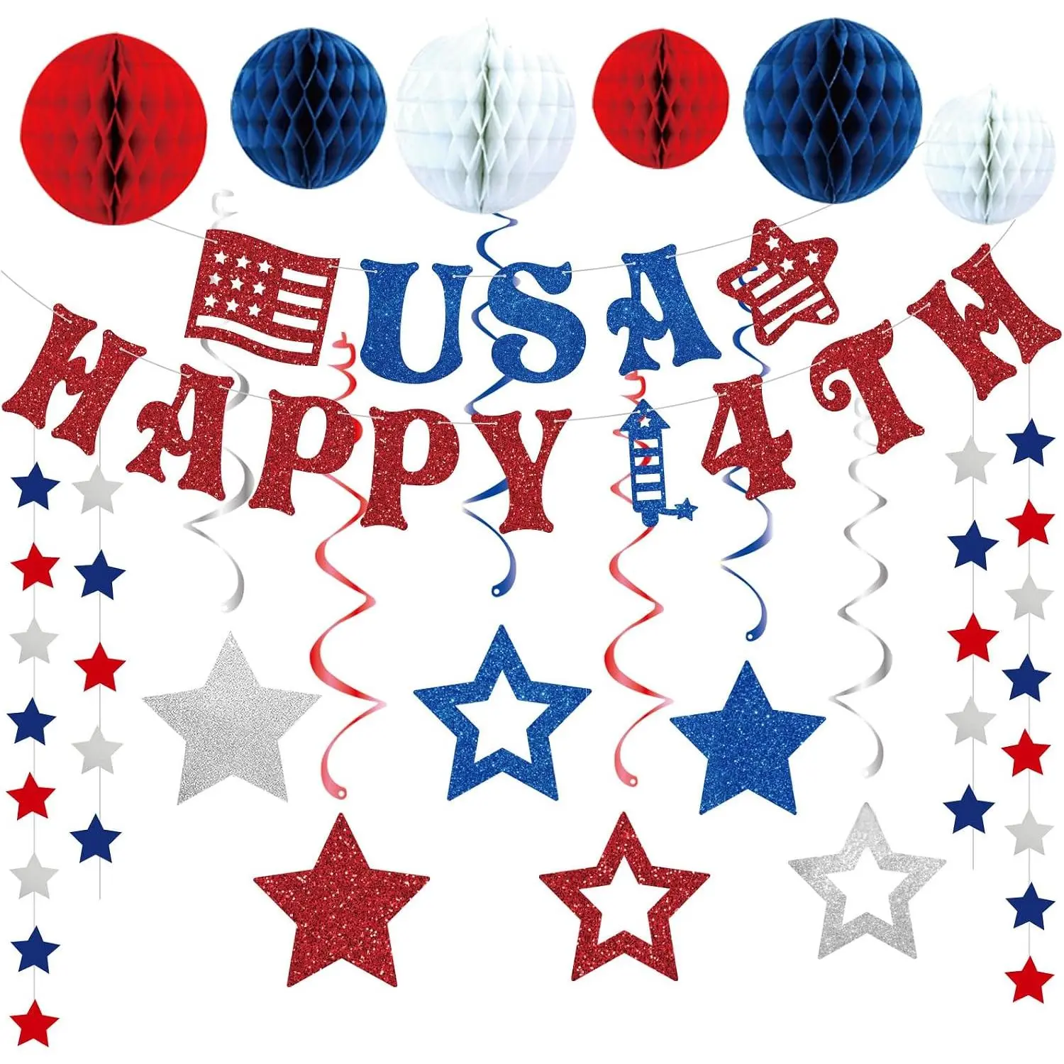 4th of July Decorations Banner Set, Happy 4th Banner |  Balls,Patriotic  Swirl  Decorations,Red White and Blue Decorations for Independence Day Party Decor