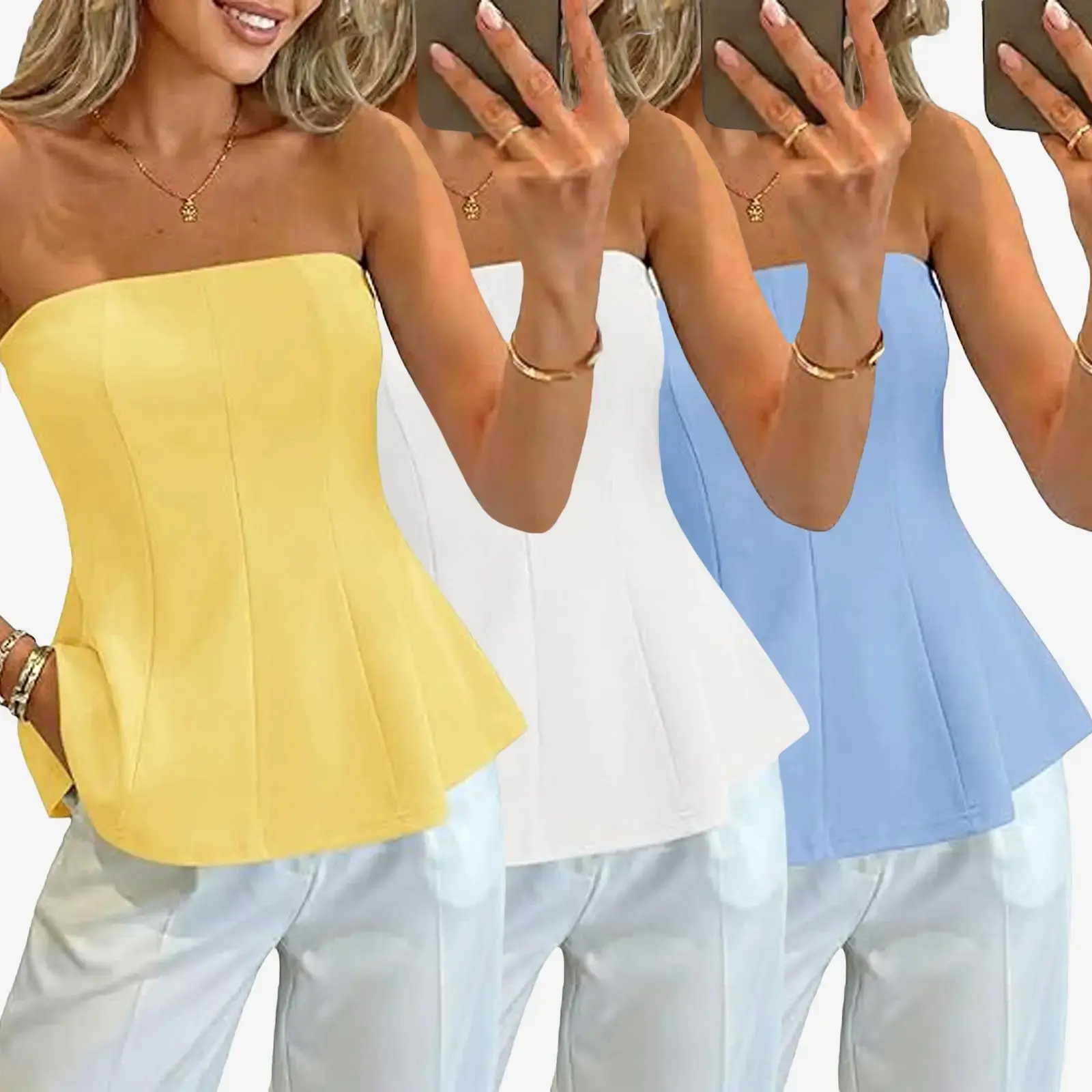 Womens Peplum Tube Tops Ruffle Summer Casual Bandeau Tank Tops Strapless Going Out Flowy Vacation Bustier Shirts