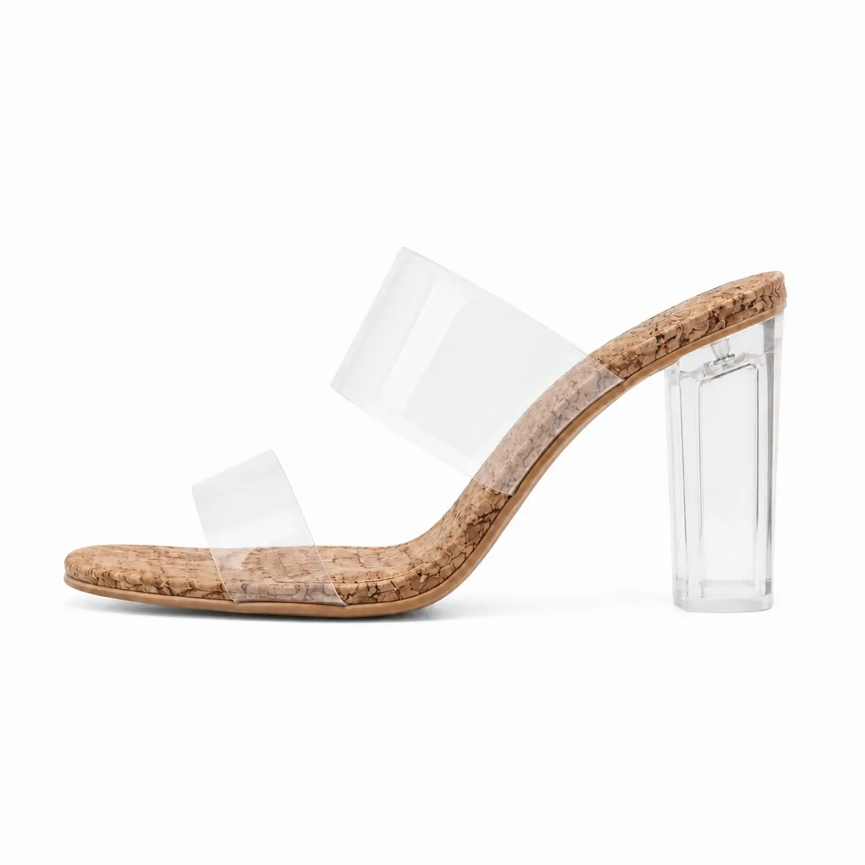 Women Clear Strap Slide Sandals Transparent Block Heel Mules Square Open Toe Summer High Heels Nude White Cork Sole Holiday Beach Party Dress Sandals