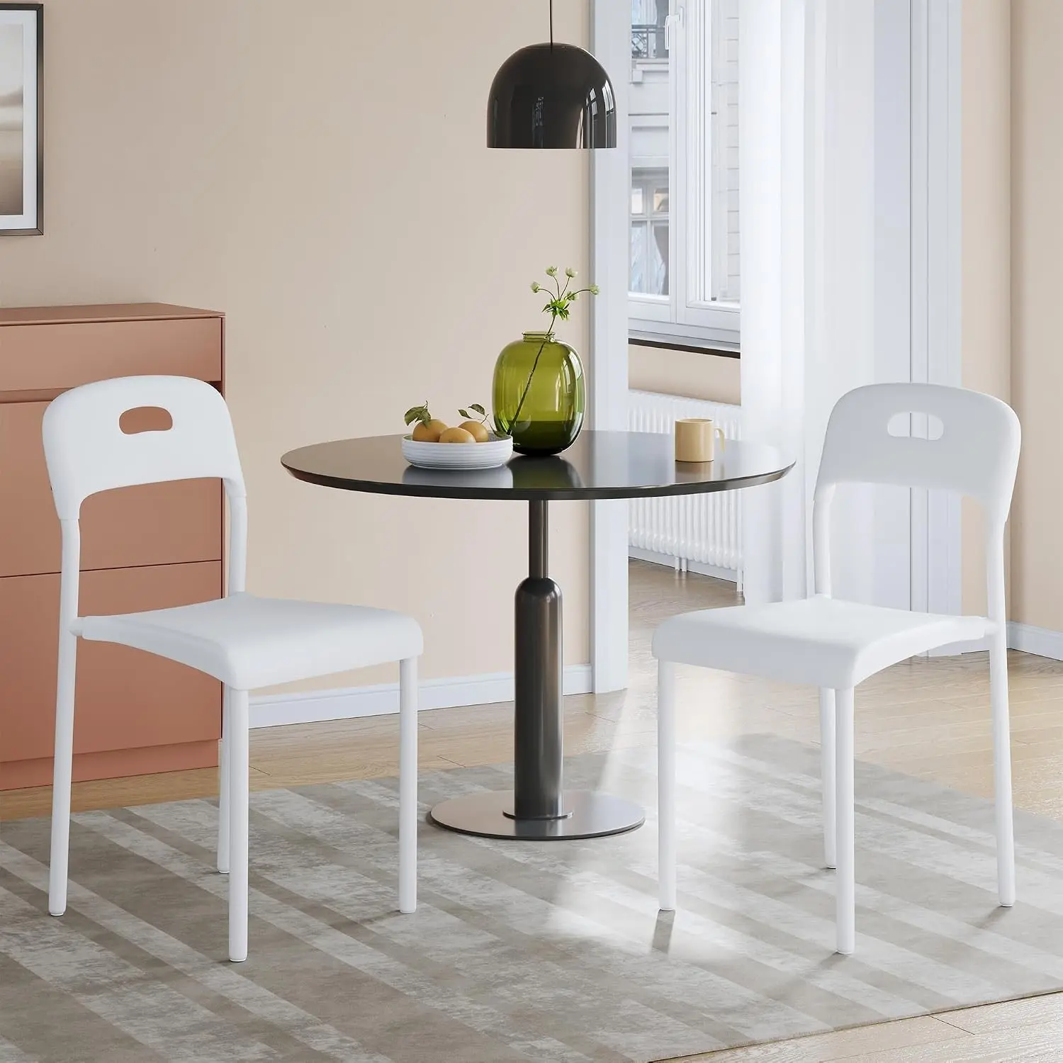 Dining Chairs Set of 2, Plastic Stackable Kitchen Chair, Metal Legs, Easy Assembly, Ergonomic Back, Waterproof and Stain-Resistant, Plastic Chair for Outside, Office, Kitchen, Living Room, White