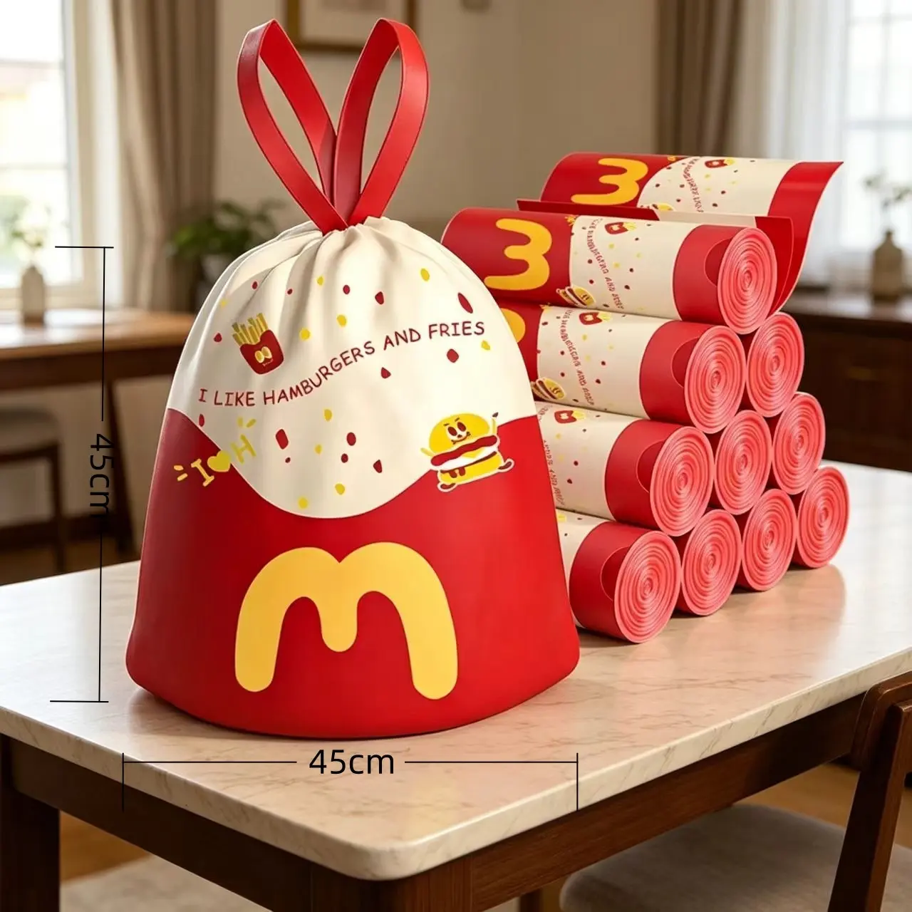 Cute M Pattern Drawstring Garbage Bags, Thick Disposable Kitchen Trash Bags, Antibacterial Large Size, Home Use, Reusable Design