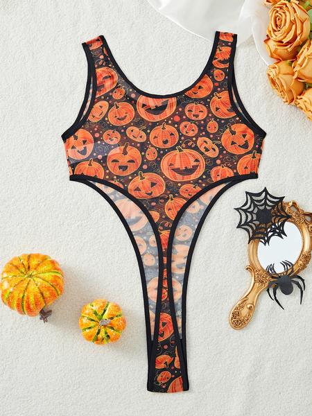 Sexy Halloween Pumpkin Print Jumpsuit - Sleeveless & Stretchy Black/Orange Pajama Set 🎃 #HalloweenOutfit