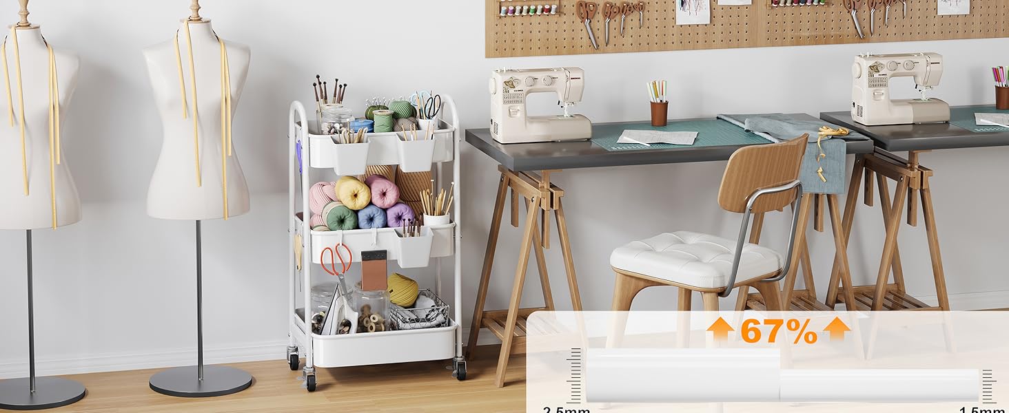 3 Tier Rolling Cart Metal with Wheels, Heavy Duty White Three Tiered Craft Cart Organizer on Wheels, Utility Roller Storage Carts for Art, Baby Nursery, Diaper Caddy, Snack,Book,Nail,Cleaning Supplies