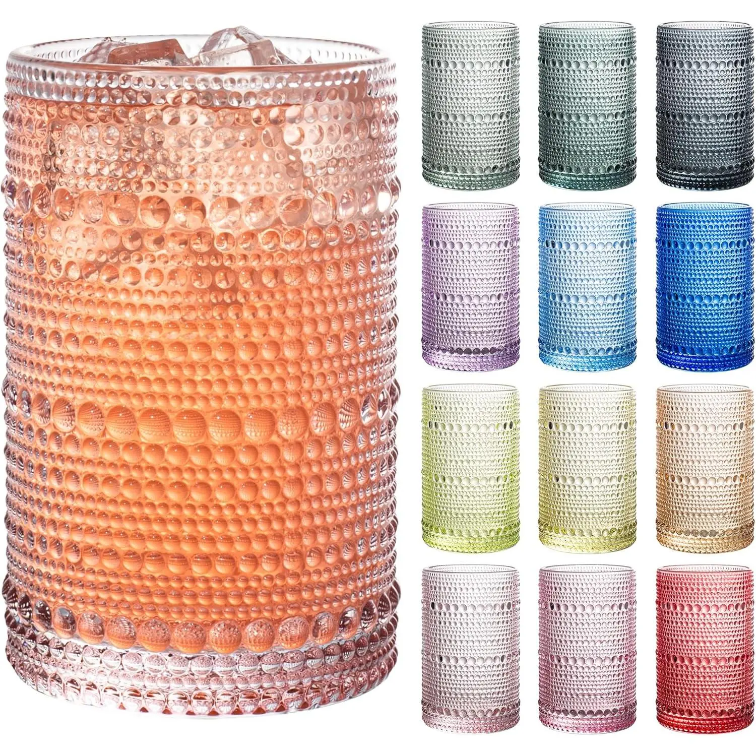12PCS Hobnail Drinking Glasses, 13oz Colorful Beaded Bubble Glass Cups for Kitchen, Multiple color Embossed Water Tumbler for Whiskey,Cocktail, Beer, Wine, Water & Juice