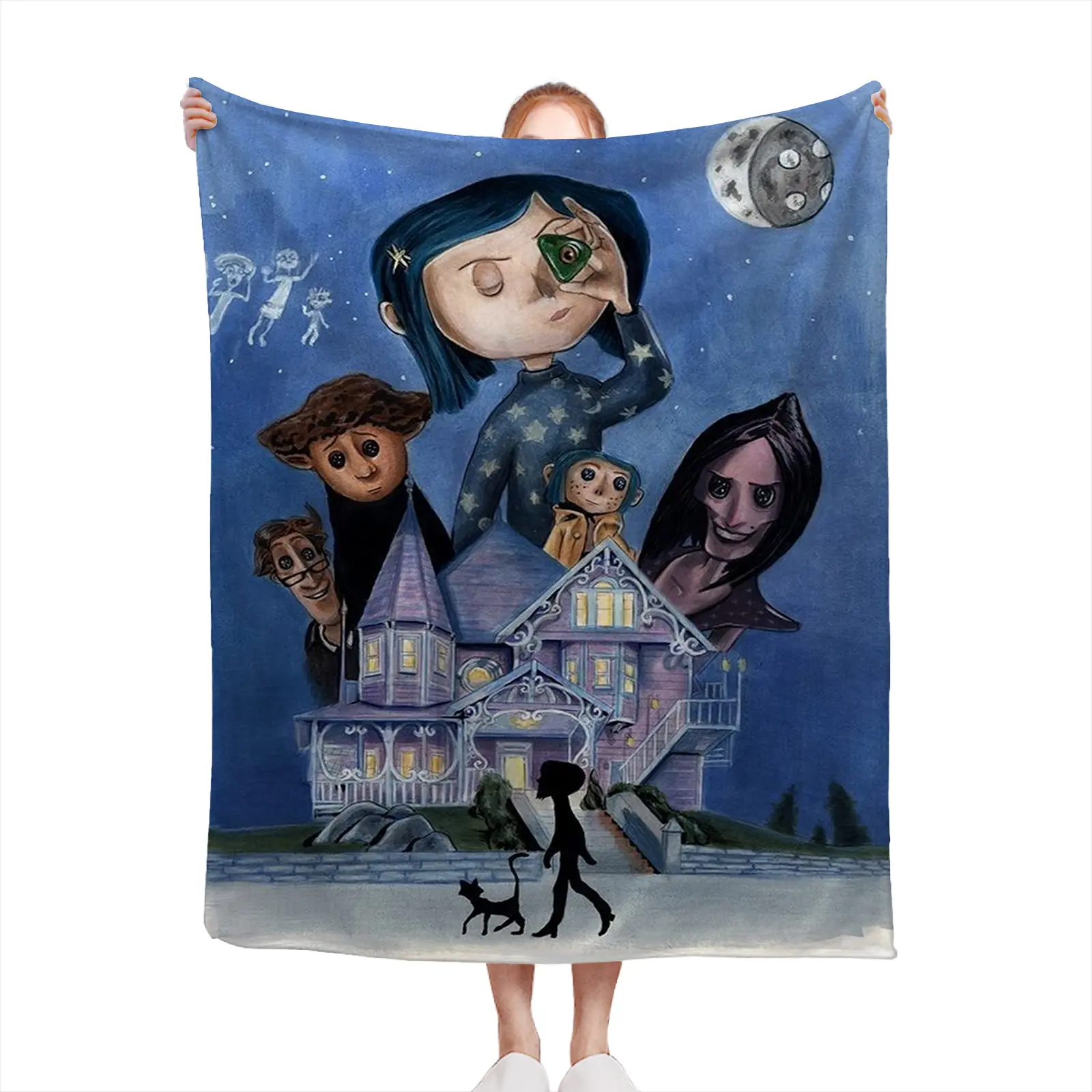 Soft Cozy Throw Blanket Coral Fleece Blue Cartoon House Pattern Printed Lightweight For Living Room Bedroom Gift For Fan 2607230001