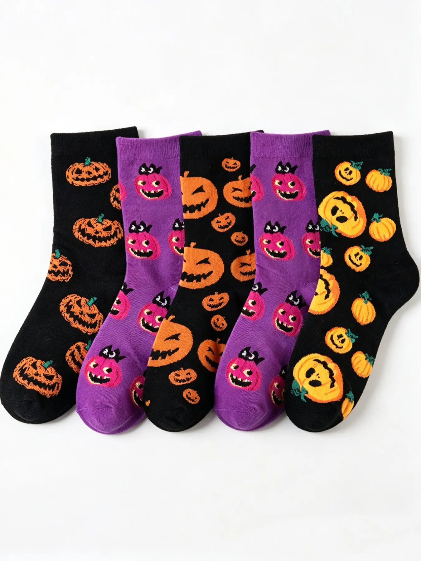 5 Pairs Men's Halloween Socks, Sock Sets, Cute Pumpkin Pattern Mid-Calf Socks, Fun Jack-O'-lantern Design, Couples Socks, Unisex, Perfect for Parties & Gifts