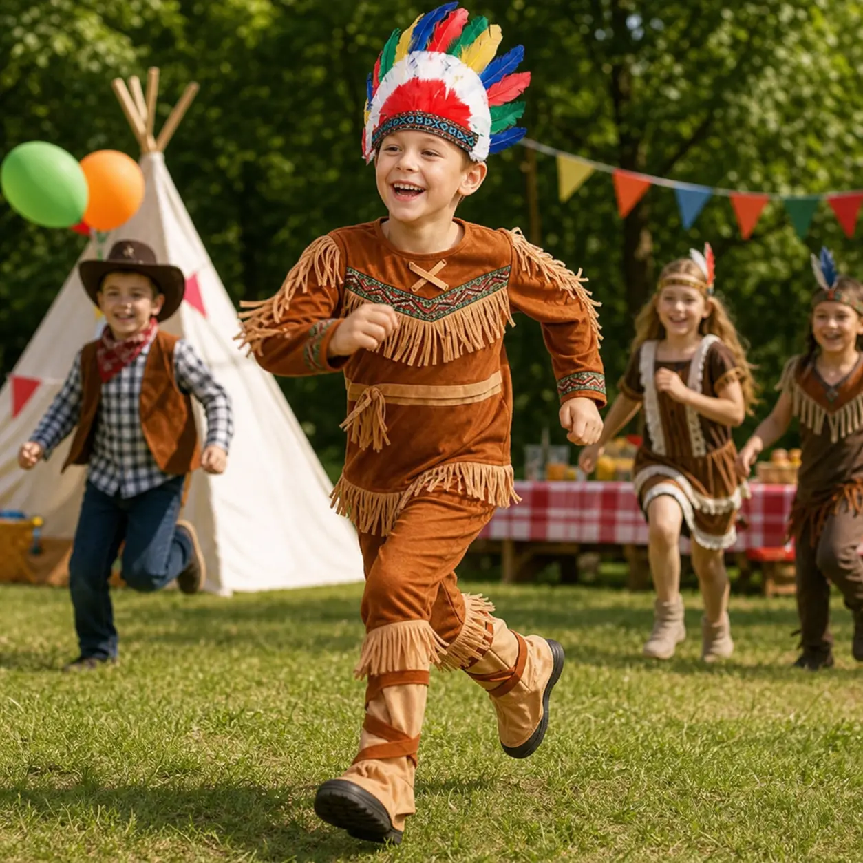 Boys' Tribal Warrior Costume - Historic Frontier Brave Roleplay Jumpsuit, Kids Forest Hunter Outfit for Thanksgiving School Pageant, Stage Performance