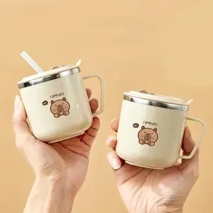 Cute Capybara 316 Stainless Steel Children's Straw Water Bottle 270ml Double-Layer Insulated Leak-Proof Milk Coffee Cup