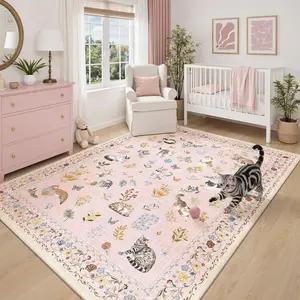 [Summer Win] ComiComi Pink Cute Cat Area Rugs for Baby Girl Nursery,Floral Vintage Rug,Waterproof &Machine Washable  Non-Slip,  Non-Shedding ,Low Pile Soft Throw Rugs for Living Room Dining Room Bedroom,Perfect For Kids & Pets(Various Sizes,Pink)