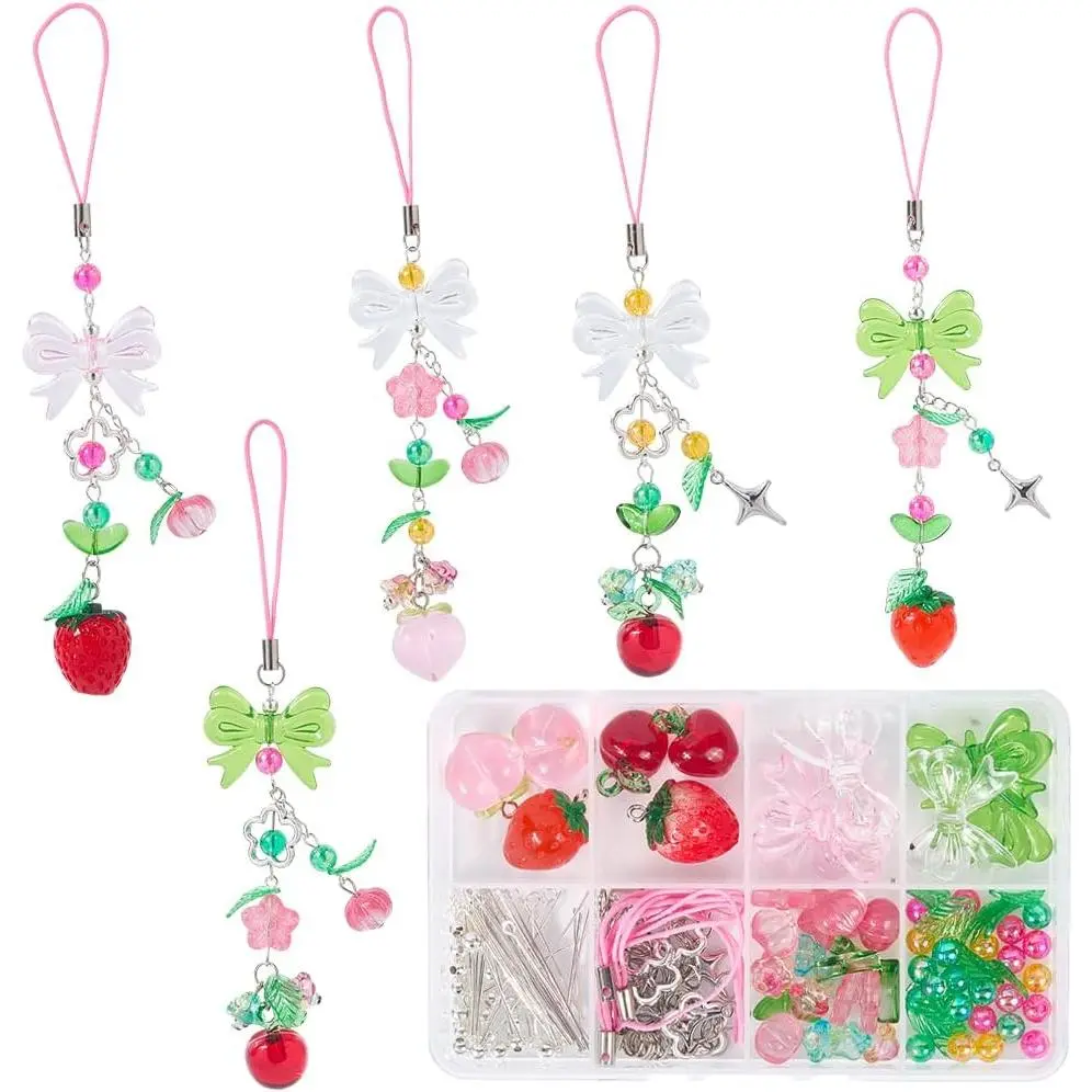 1 Box 189 count DIY 6 Sets DIY Phone  Making Kit  Strawberry Charms Cute Kawaii  Peaches Leaf Spring Flower Pendants Cellphone Strap for Women Adults Lanyard Keychains Hand Bag