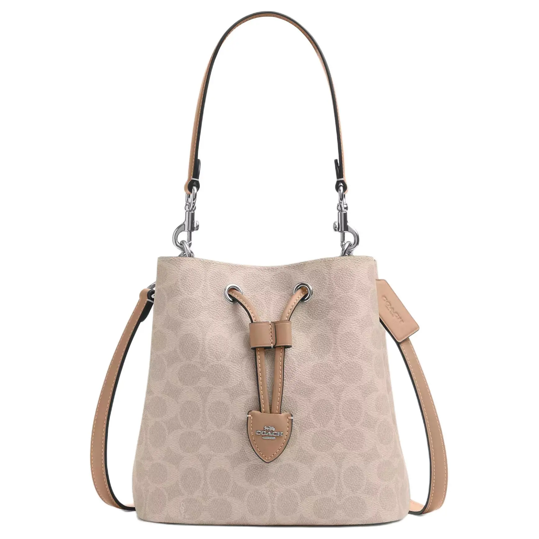 COACH Rowan 22 Logo-Embossed Vegan Leather Bucket Bag for Women, Medium Size, Tan and Brown
