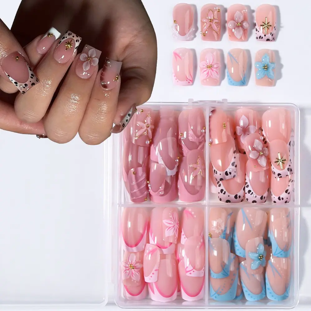96pcs French Flower Nails, Short Square Press-On Tips, 3D Gel Petals, Steel Beads Decor, Summer Nail Art Set, Nails Tips Kit, Includes Glue & File