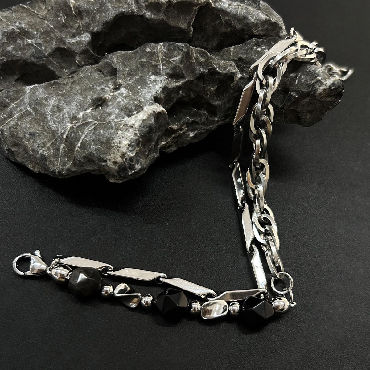 Obsidian & Titanium Steel Double Layer Bracelet |     Light Luxury Premium Men's Hand Jewelry, Unique Minimalist Style, Couple Bracelet