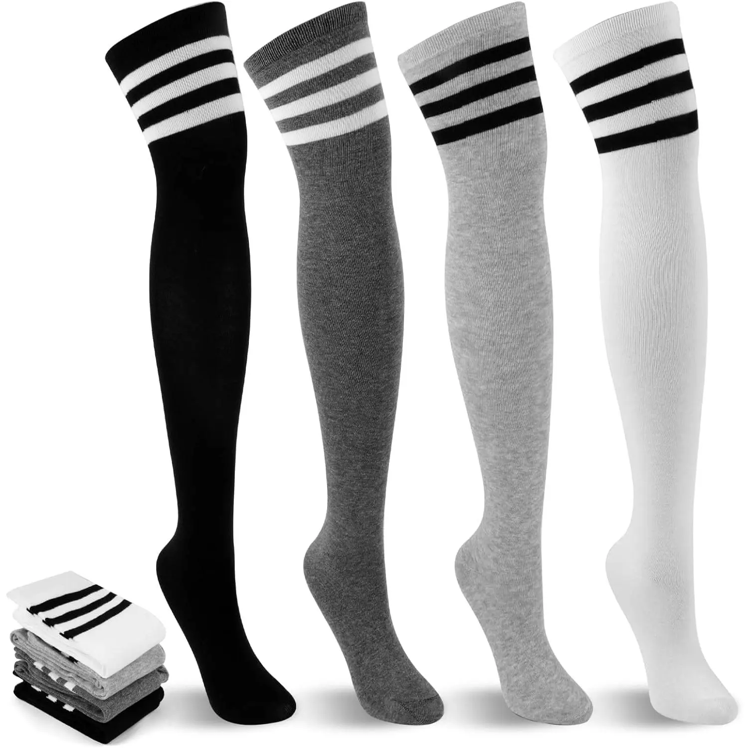 4 Pairs Thigh High Socks, Striped Over the Knee Socks for Women, Warmer | 4 Classic Color Pairs, Breathable and Stretchy; For Mini Skirts, Shorts, Boots, Cosplay and Daily Wear