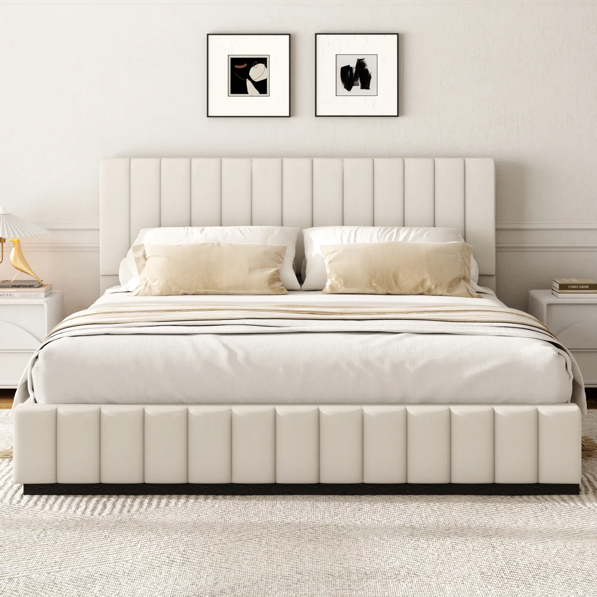 Modern Minimalist Cream Beige Vertical Striped Velvet Bed Frame, Full Wrap Vertical Channel Tuft Upholstered Platform Bed, Oversized High Headboard Bedroom Furniture, Noise-Free Slat Support Bed Base
