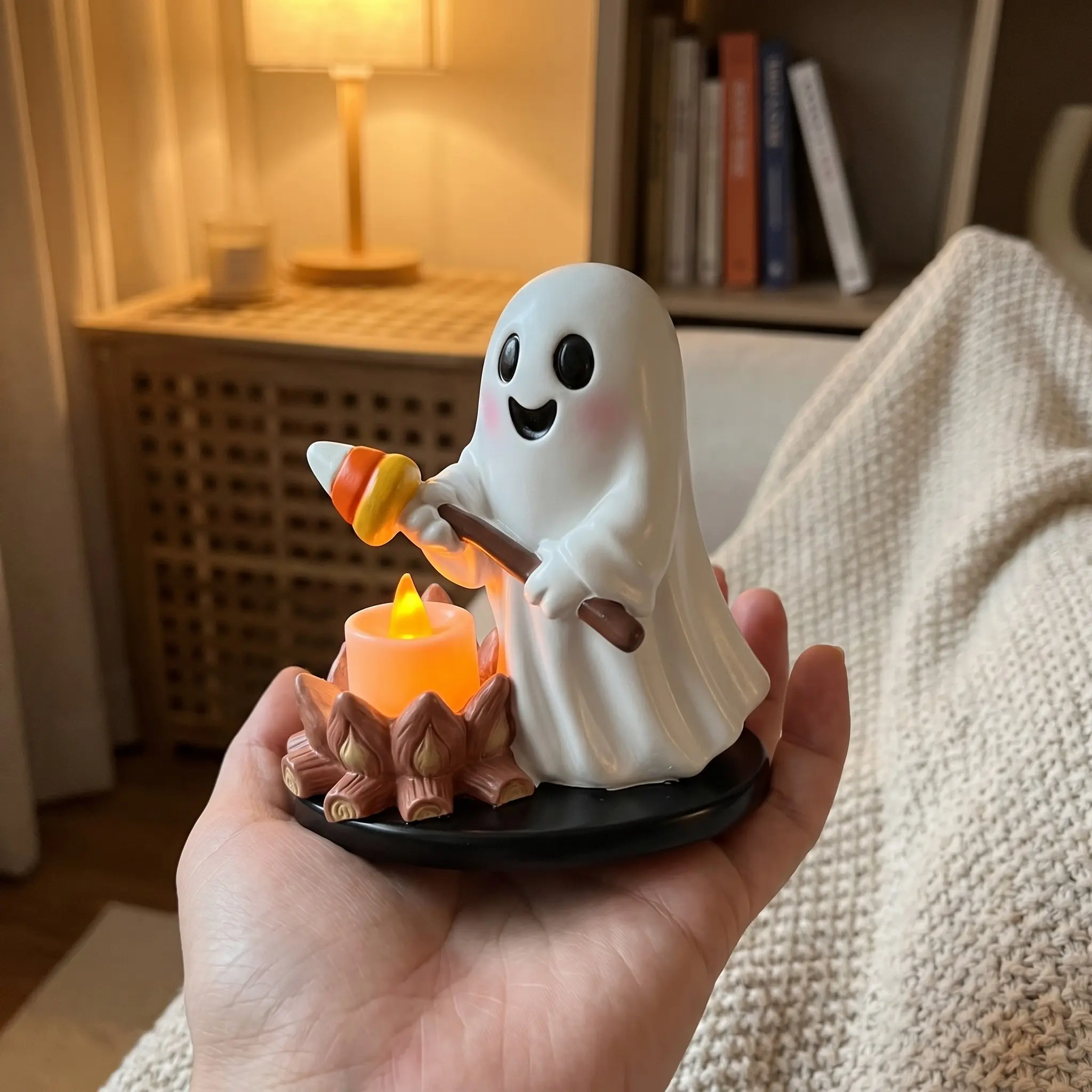 Spooky Scarecrow Tealight Holder, Mummy by the Campfire, Glowing Flicker Effect, Halloween Tabletop Decor, Mantel, Dining, Coffee Bar