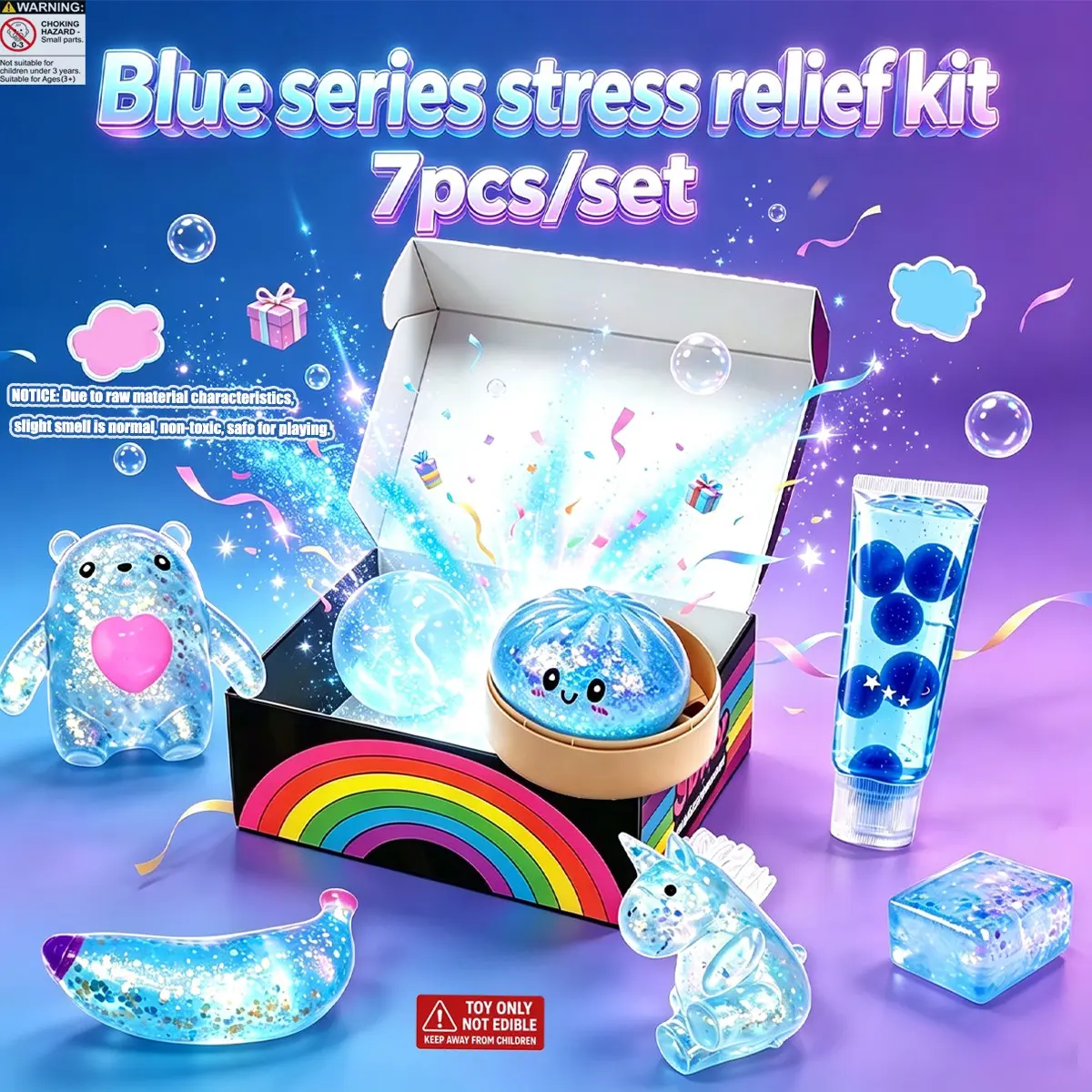 7pcs/set - Blue blind box party animal gummies toy set, soft transparent solid squeeze toys, surprise random color matching children's party gifts, various styles, stress relieving children's office desk decoration