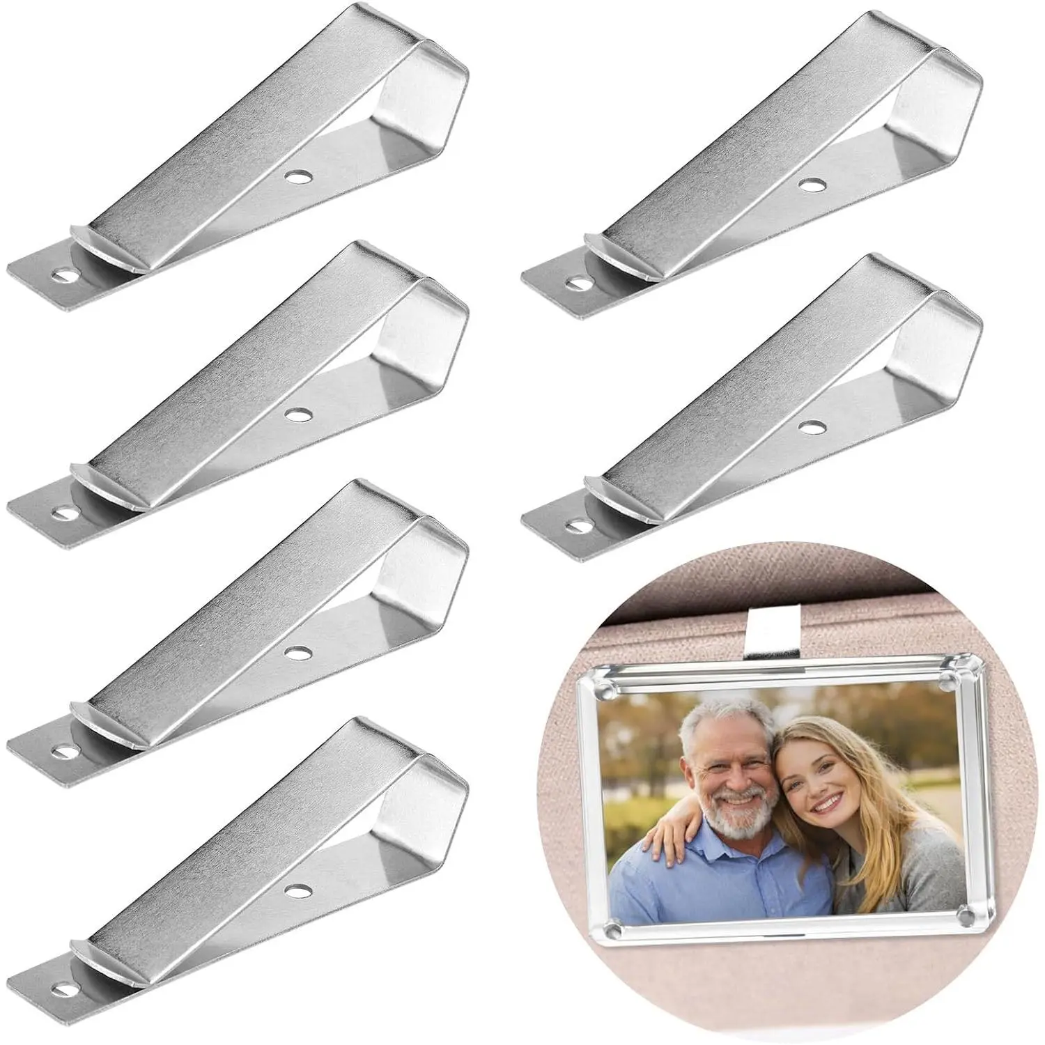6-Pack Stainless Steel Low Profile Adhesive Backed Sun Visor Mounting Clips, DIY Kit for Photo Frame Accessories & Office Display