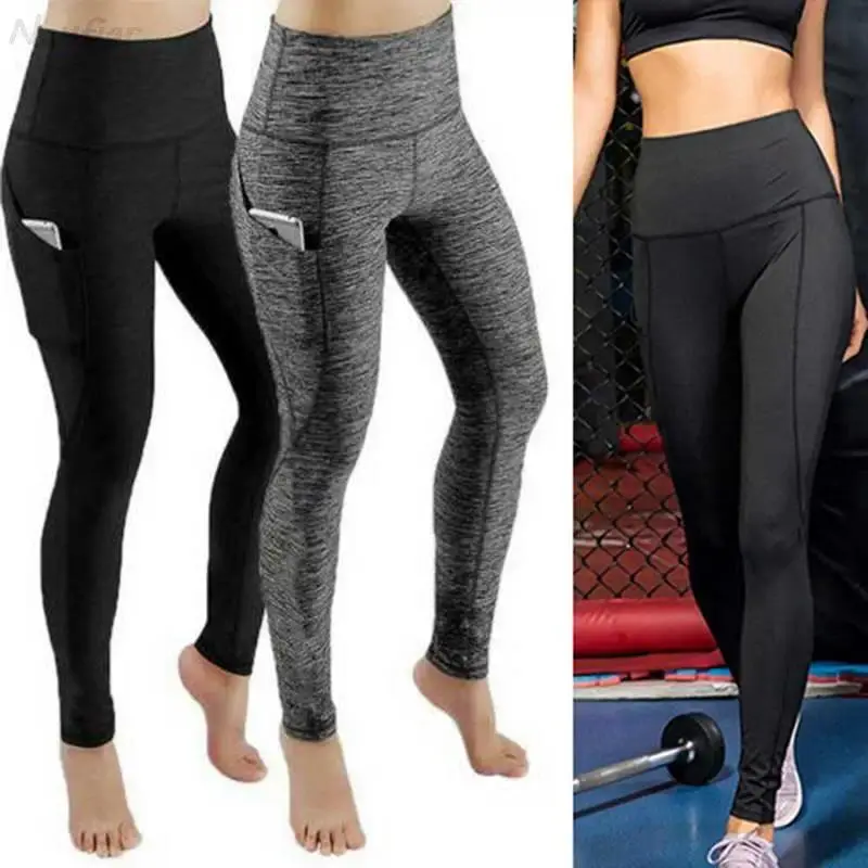 High Waist Elastic Workout Women Yoga Leggings Tummy Control Ruched Booty With Pocket Pants Seamless Gym Compression Tights-HAN