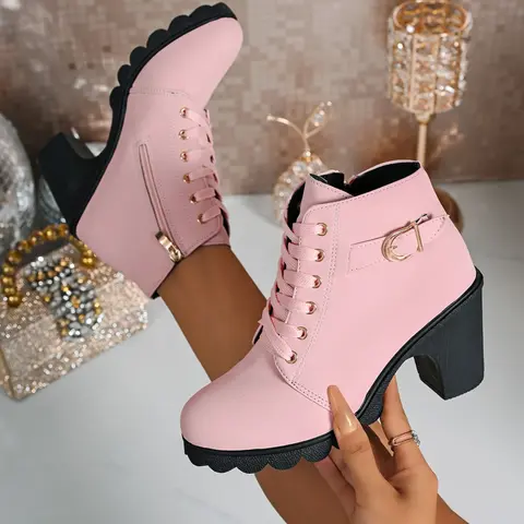 Women's Side Zip Lace-Up Ankle Boots with Chunky Block Heel, Metal D-Ring Detail, Anti-Slip Sole, Fashion Fall & Winter Footwear
