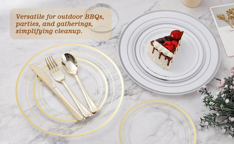 BESTVIP 100PCS 7" Silver Plastic Dessert Plates – Heavy Duty Disposable Plates with Elegant Silver Rim, Perfect for Cakes, Desserts & Salads, Ideal for Weddings, Parties, Birthdays, Christmas & Thanksgiving