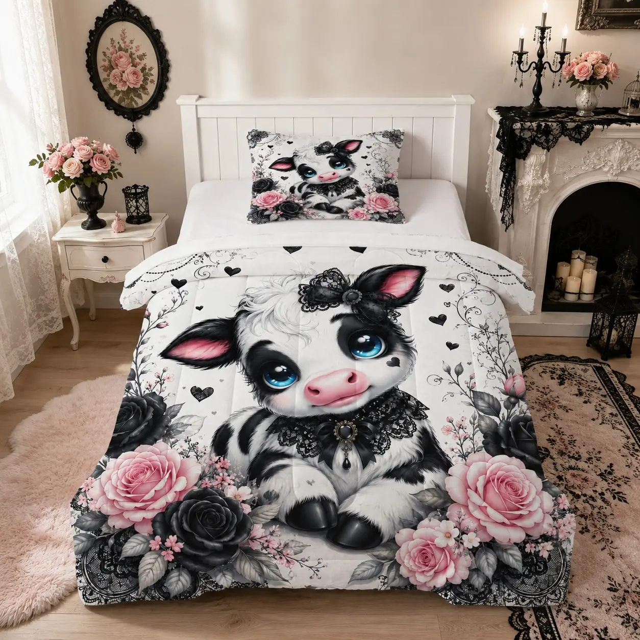 Sweet Cool Gothic Floral Highland Cow Printed Comforter Set, 2/3 Pack (1 Comforter + 1/2 Pillowcases, No Pillow Inserts), Soft Breathable Fabric, Cute Highland Cow Print, for Teen and Adult Bedrooms, Holiday Gift Option
