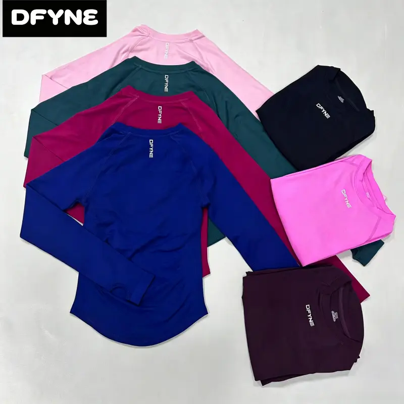 DFYNE Seamless Long Sleeve Workout Shirt for Women| Slim Fit Gym T-Shirt with Thumbholes| Breathable Athletic Yoga Tops Curved Hem