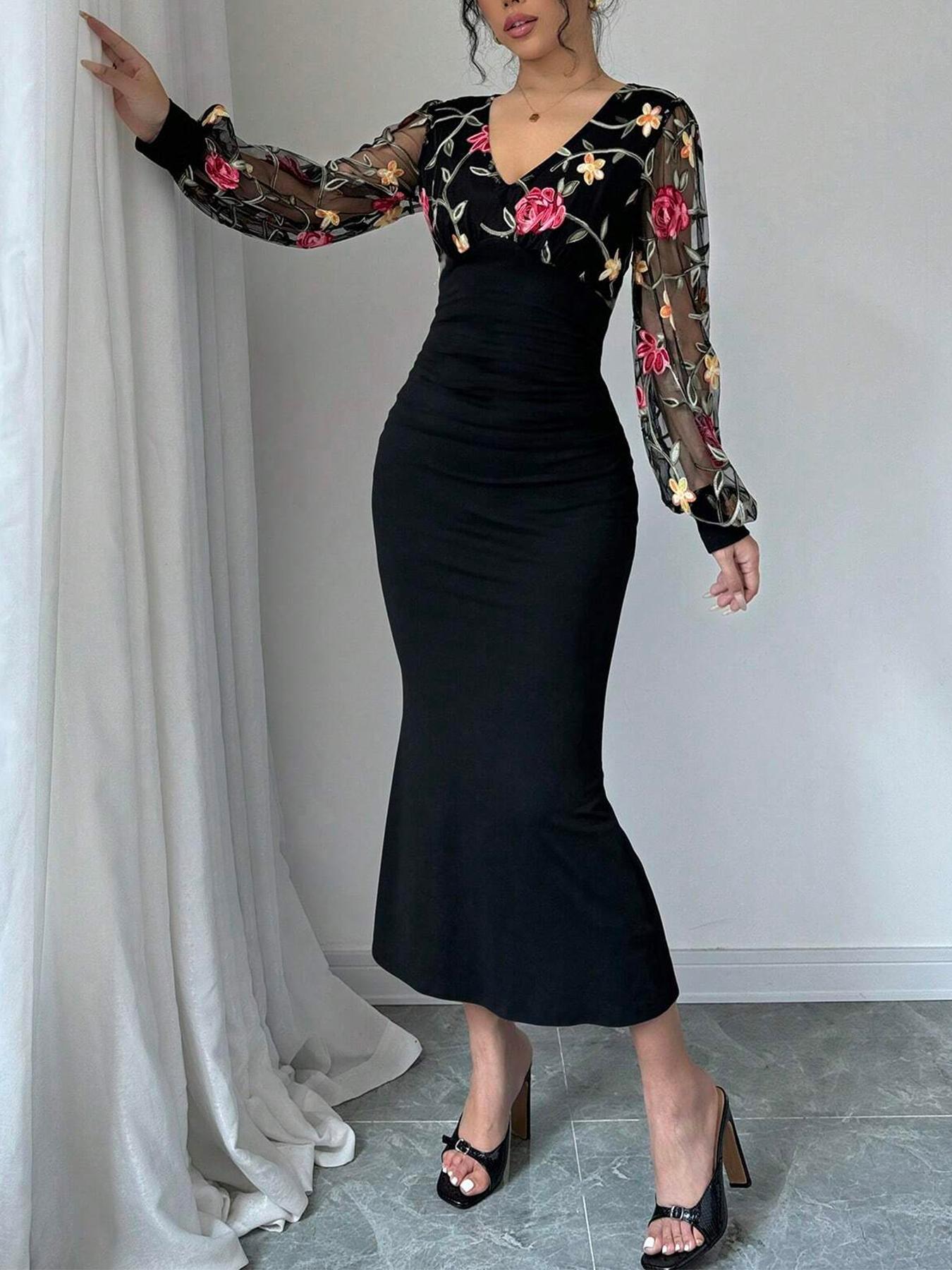 prom dresses, Valentine's Day Women's Floral Embroidery Tulle Patchwork Sheer Mermaid Dress, Elegant Bishop Sleeve V Neck Long Sleeve Dress for Party Holiday Wedding Guest, Ladies Clothes for All Seasons, Fashion Dress