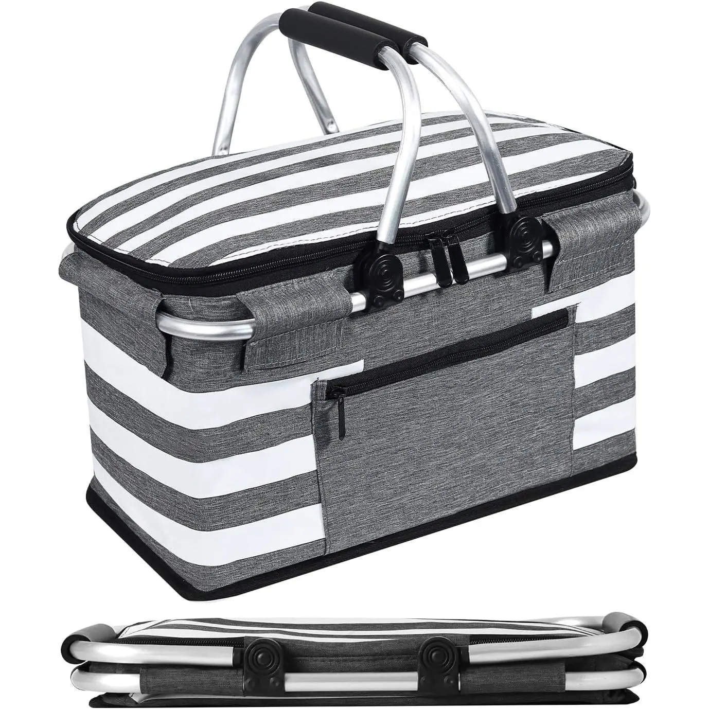 Insulated Picnic Basket,Leak-Proof Collapsible Cooler Bag,26L Grocery Basket with Lid,2 Sturdy Handles,Storage Basket for Picnic,Food Delivery,Take Outs,Market Shopping,Travel (Gray)