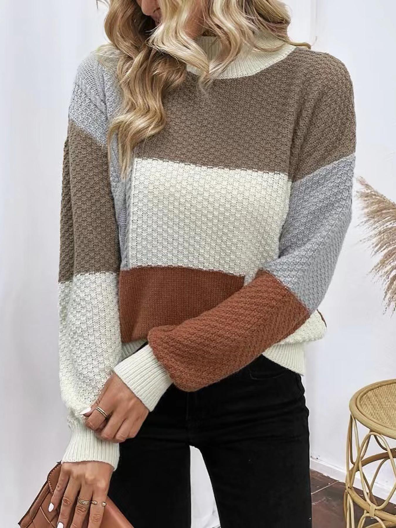 Women's Basic Chic Minimalist Colorblock Drop Shoulder Mock Neck Sweater, Lady Casual Comfort Soft Lightweight Textured Jumper for Daily Wear, Longsleeves Knitwear, Knitting, Going Out Outfits, Fall Clothing Women