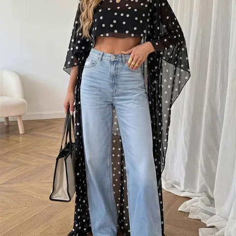 Women's Polka Dot Semi-Sheer Chiffon Cover-Up Top, Sheer Cover Ups, Boho Beach Coverup, Oversized Batwing Sleeve Lightweight High-Low Hem Top for Beach, Vacation & Resort Wear, Summer Layering Top