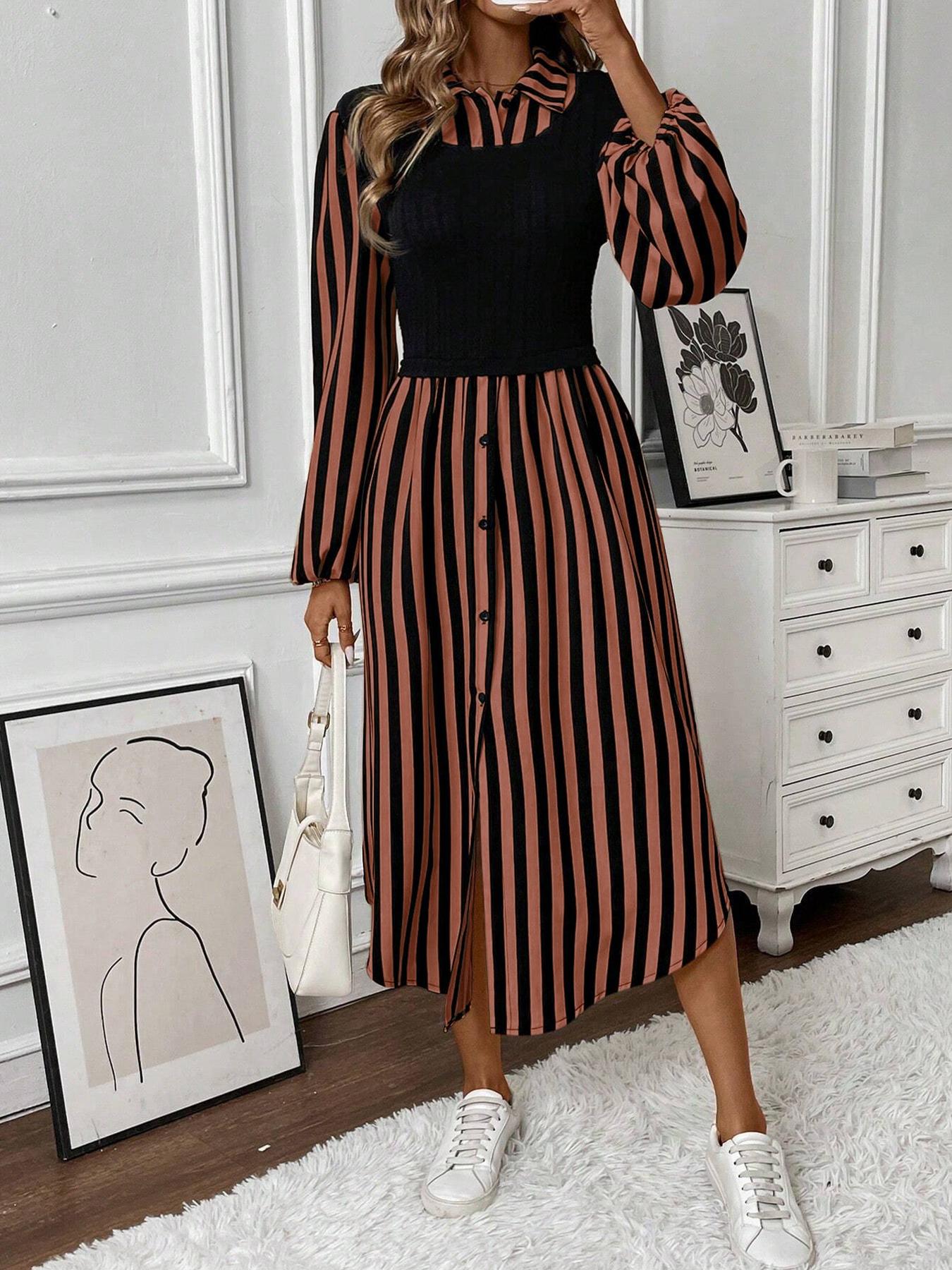 Women's Long Sleeve Striped Button Front Shirt Dress with Layered Design, Casual Spring & Fall Fashion, Elegant Chic Outfit