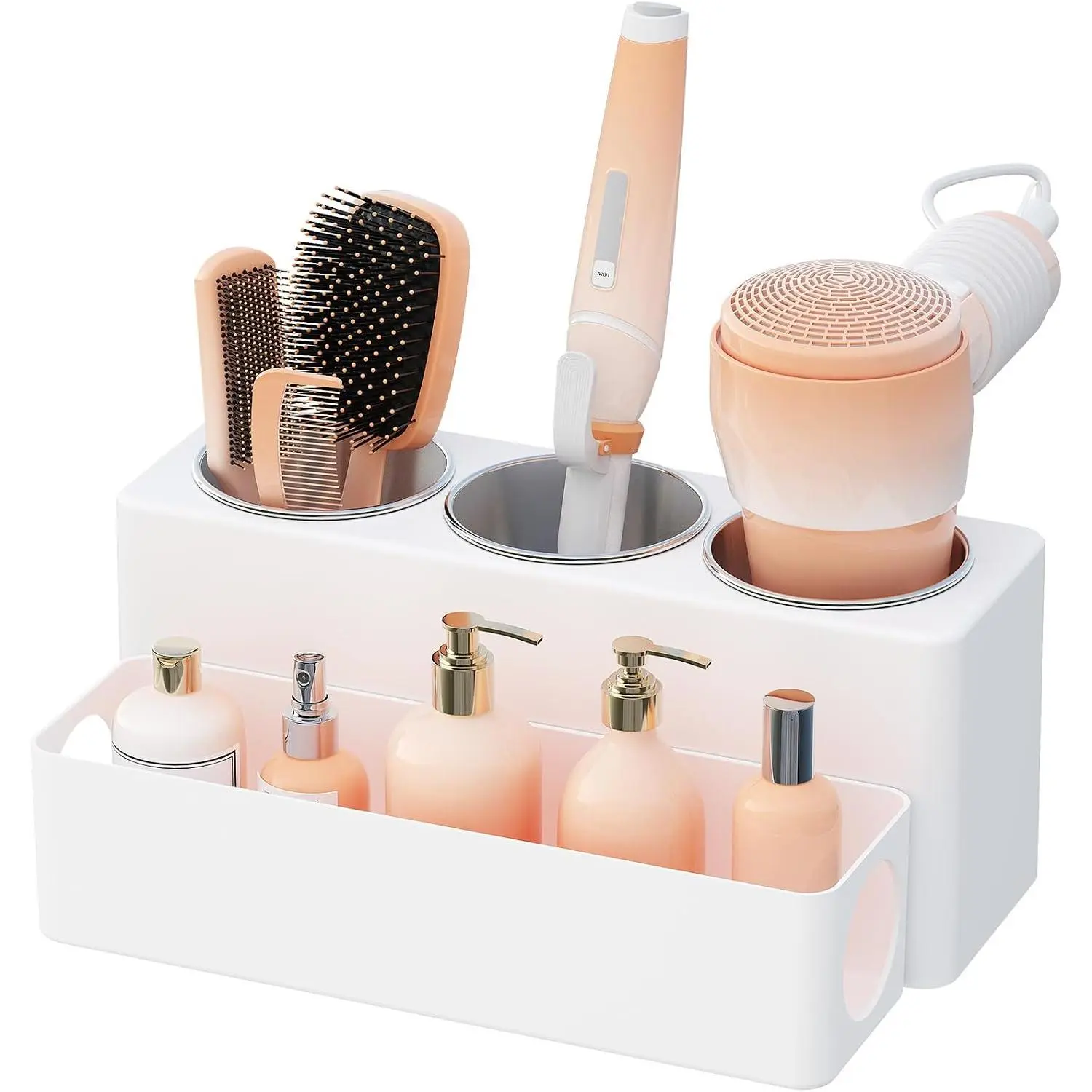 Hair Tool Organizer Countertop, Removable Blow Dryer Holder for Bathroom, Acrylic Hot Tools Organizer Storage for Curling Iron, Brush, Straightener, 3 Stainless Cups, White, 30 cm/12 inch(L)