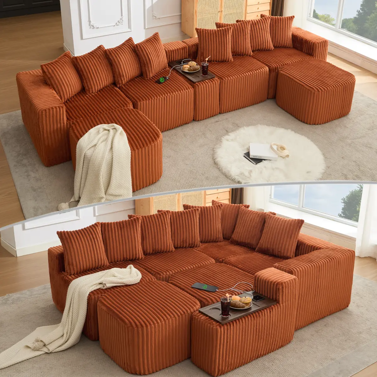 Aobtkel 137.5" Width Corduroy Fabric Sectional Sofa - 6-Seat U-Shaped Modular Setup Sofa Sectional Couch, USB & Wireless Charging, Coffee Table Board with Cup Holder, Movable Footstool, No Assembly, Orange