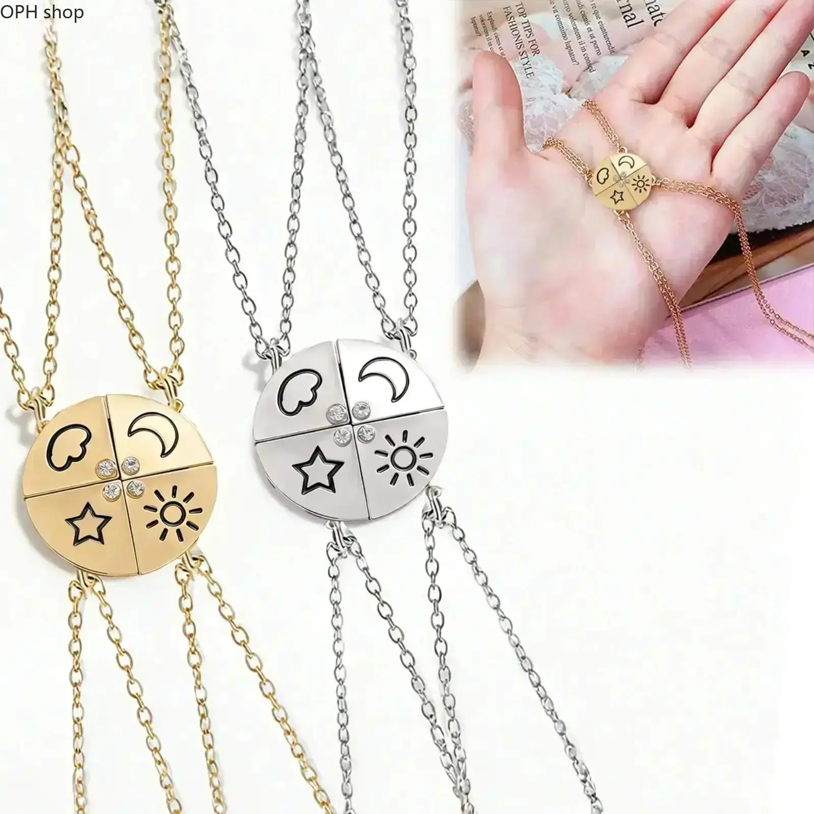 4-Piece Magnetic BFF Necklace Set, Cute Sun-Moon-Star & Clouds Puzzle Pendants, Polyester Friendship Jewelry for Teen Girls, Birthday Gift Ideas, Bff Set