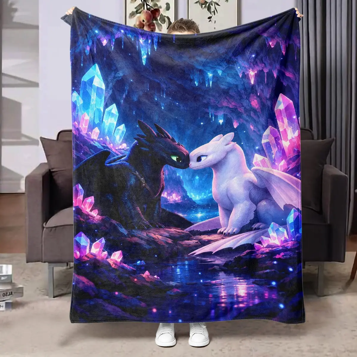 1pc How To Train Your Dragon Toothless & Light Fury Crystal Cave Cozy Fleece Blanket, Purple Blue Glowing Crystal Underground Cave Black White Dragon Dreamy Cartoon Print. Soft Warm Throw for Sofa, Bed, Office, Camping Trip, Ideal Christmas Gift.