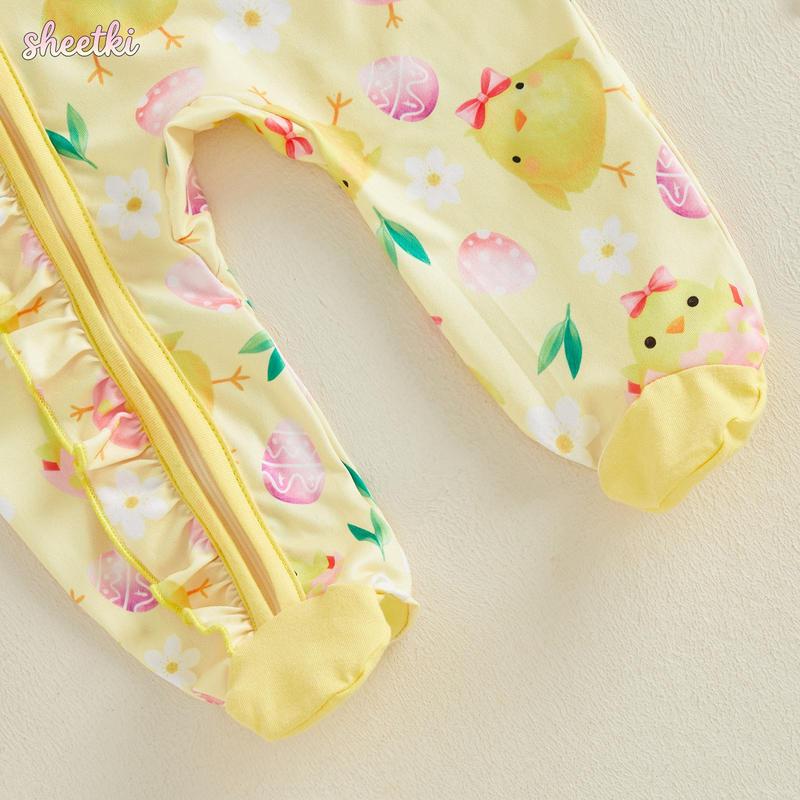 Newborn Baby Girl Easter Outfit Chick Egg Floral Long Sleeve Zip-up Footed Jumpsuit with Headband 2 Piece Spring Set