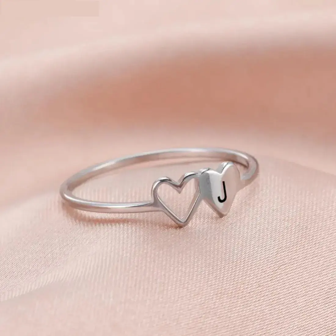 Adjustable Double‑Heart Initial Letter Ring for Women, A‑Z Custom Stainless Steel Minimalist Stackable Ring, Soho‑Chic Dainty Fashion Jewellery Gift for Girlfriend Daily & Special Occasion Accessories