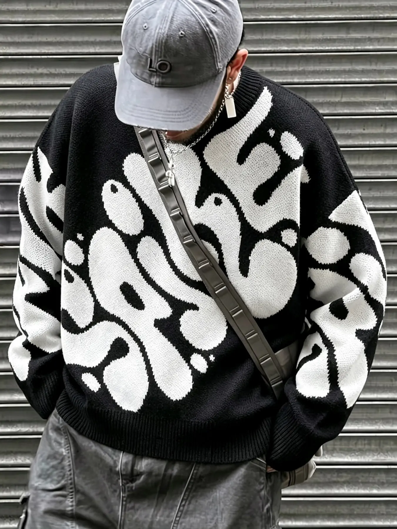 Men's Fashion Knit Y2K Sweater, Art Letter Casual Warm Micro-Elastic Round Neck Pullover, Trendy Fall Winter Wear