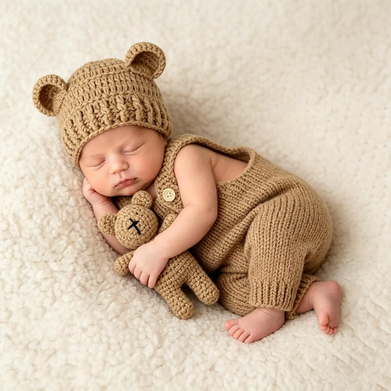 Newborn Photography Clothing Hand-Knitted Cute Suspender Jumpsuit Costumes And Bear Ear Hat Teddy Bear Dolls Decor Outfits, Newborn Photo Props Gift Sets