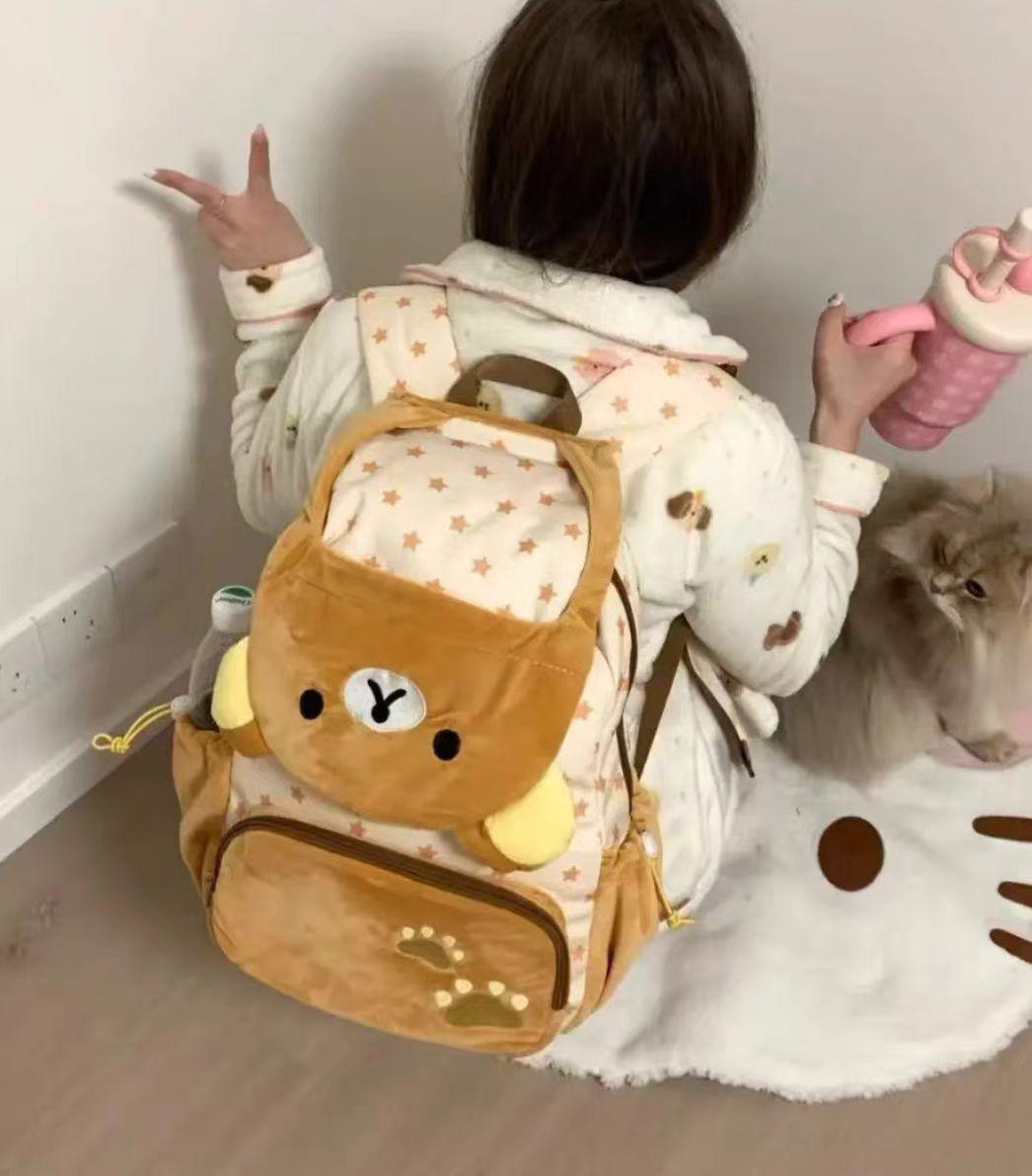 Kawaii Rilakkuma Cartoon Plush Backpack Cute Bear Younger Sister Large Capacity Student Schoolbag Lovely Girl Birthday Present