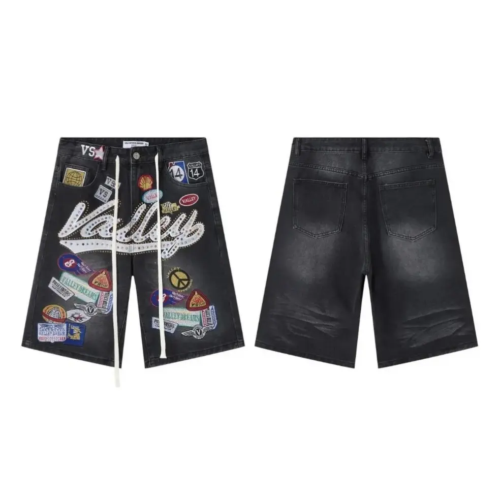 Vale Forever Y2K Hip Hop Mens Patchwork Studded Denim Cargo Shorts Vintage Washed Black Oversized Baggy Jorts Loose Fit Bermuda Summer Trendy Bottoms