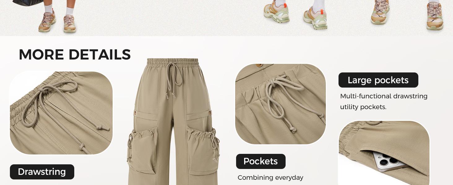 Aoysky Womens Wide Leg Cargo Capris Drawstring Elastic Waist Baggy Cropped Pants with Utility Pockets Casual Trousers