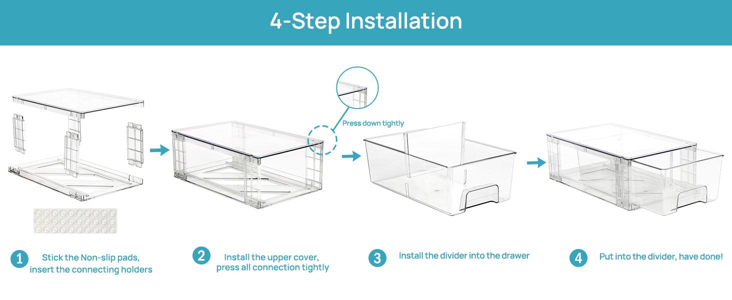 SUNDAY MIRTH 4 Pack Stackable Storage Drawers,Clear Acrylic Drawer Organizers with Handles, Easily Assembled For Fridge, Bathroom, Kitchen Undersink, Cabinet, Pantry Organization and Storage