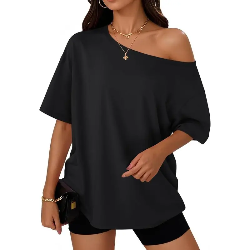 Women’s Off Shoulder Oversized T Shirt, Short Sleeve Summer Tops, Loose Fit Casual Y2K Shirts for Workout, Daily Wear & Going Out