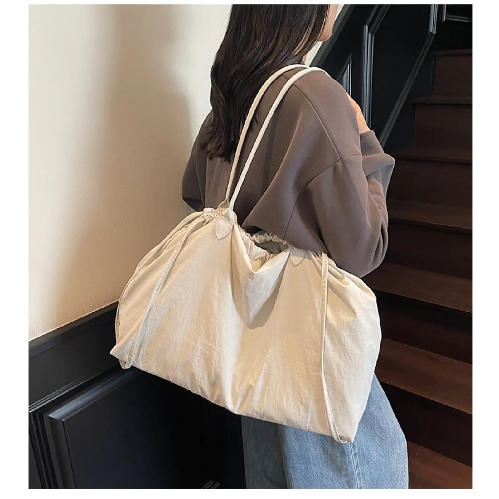 Minimalist Drawstring Tote Bag for Women, Cream White Nylon Shoulder Handbag, Large Capacity Ruched Top Handle Bag, Lightweight Casual Travel Shopper Bag for Daily Outdoor Use